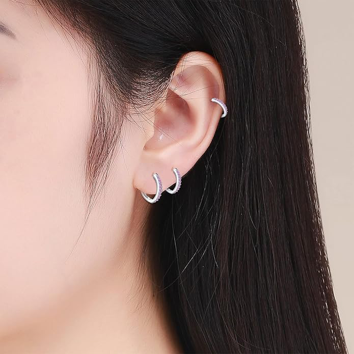 925 Sterling Silver Small Hoop Earrings Cubic Zirconia Earrings, 3 Pairs, 14K White Gold Plated Ear Bone Pierced Earrings Clip-On Small Hoop Earrings, Unisex