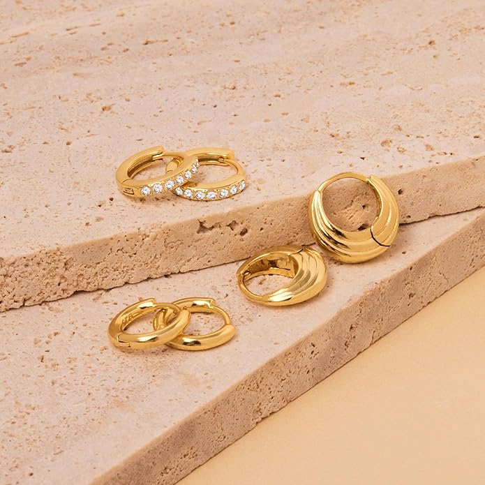 Gold Huggie Hoop Earrings Set for Women, Dainty Small Sterling Silver Earring for Multiple Piercing Hypoallergenic Jewelry, Trendy Twisted CZ Cartilage Earings for Women's Mother Gifts 3Pairs