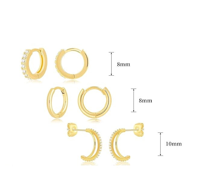 Gold Huggie Hoop Earrings Set for Women, Dainty Small Sterling Silver Earring for Multiple Piercing Hypoallergenic Jewelry, Trendy Twisted CZ Cartilage Earings for Women's Mother Gifts 3Pairs