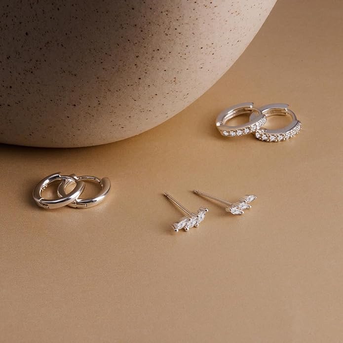 Gold Huggie Hoop Earrings Set for Women, Dainty Small Sterling Silver Earring for Multiple Piercing Hypoallergenic Jewelry, Trendy Twisted CZ Cartilage Earings for Women's Mother Gifts 3Pairs