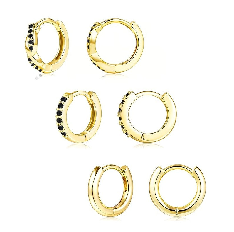 Gold Huggie Hoop Earrings Set for Women, Dainty Small Sterling Silver Earring for Multiple Piercing Hypoallergenic Jewelry, Trendy Twisted CZ Cartilage Earings for Women's Mother Gifts 3Pairs