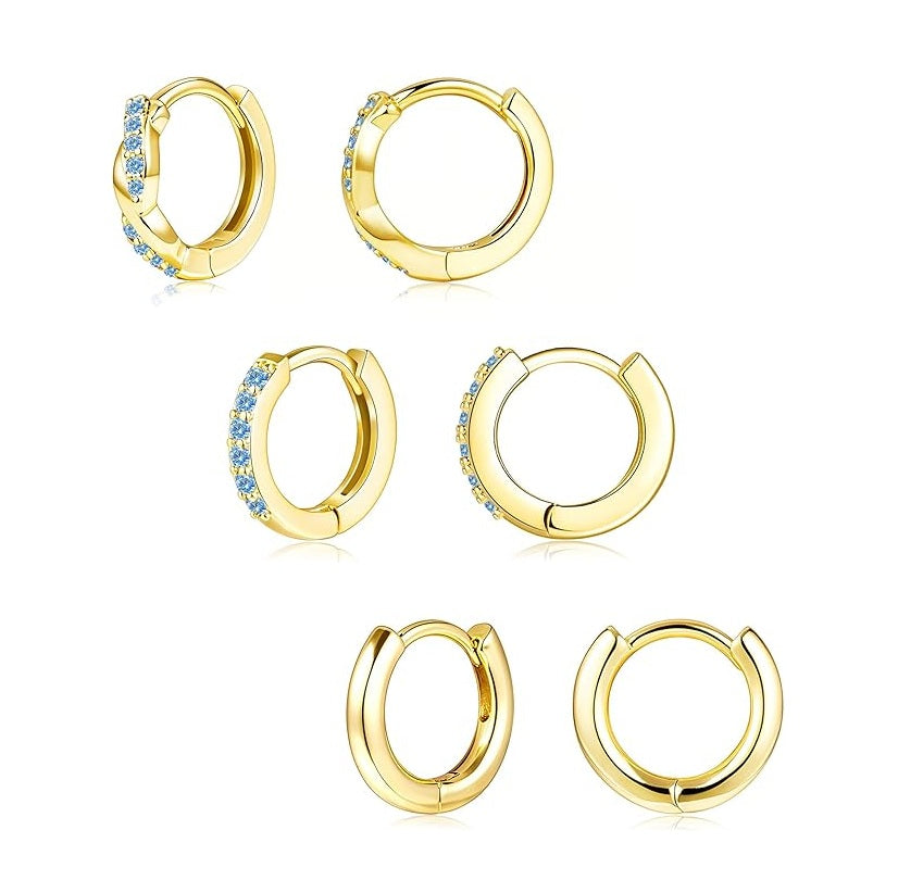 Gold Huggie Hoop Earrings Set for Women, Dainty Small Sterling Silver Earring for Multiple Piercing Hypoallergenic Jewelry, Trendy Twisted CZ Cartilage Earings for Women's Mother Gifts 3Pairs