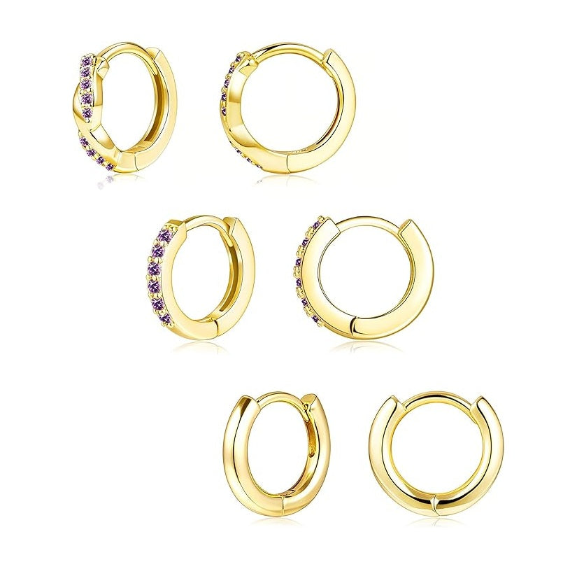 Gold Huggie Hoop Earrings Set for Women, Dainty Small Sterling Silver Earring for Multiple Piercing Hypoallergenic Jewelry, Trendy Twisted CZ Cartilage Earings for Women's Mother Gifts 3Pairs
