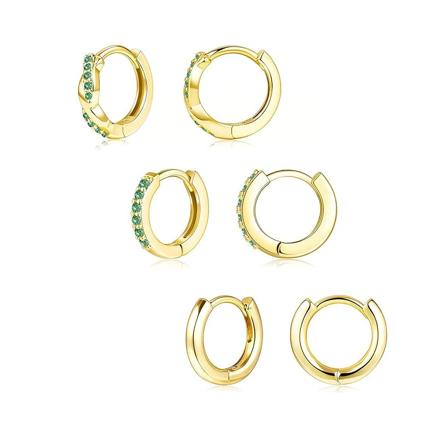 Gold Huggie Hoop Earrings Set for Women, Dainty Small Sterling Silver Earring for Multiple Piercing Hypoallergenic Jewelry, Trendy Twisted CZ Cartilage Earings for Women's Mother Gifts 3Pairs