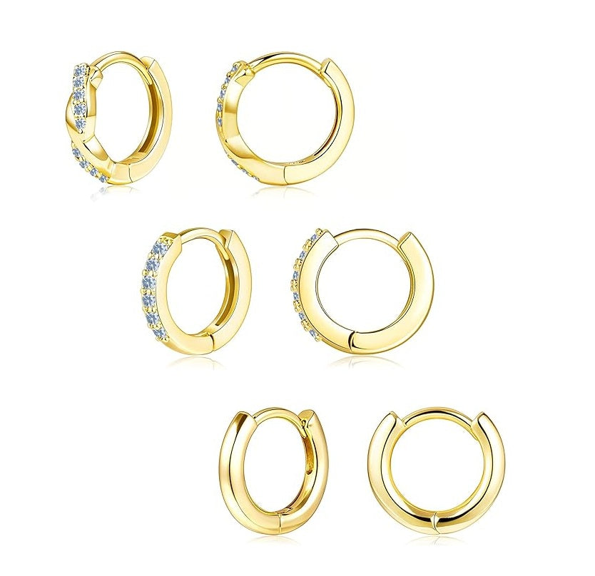 Gold Huggie Hoop Earrings Set for Women, Dainty Small Sterling Silver Earring for Multiple Piercing Hypoallergenic Jewelry, Trendy Twisted CZ Cartilage Earings for Women's Mother Gifts 3Pairs