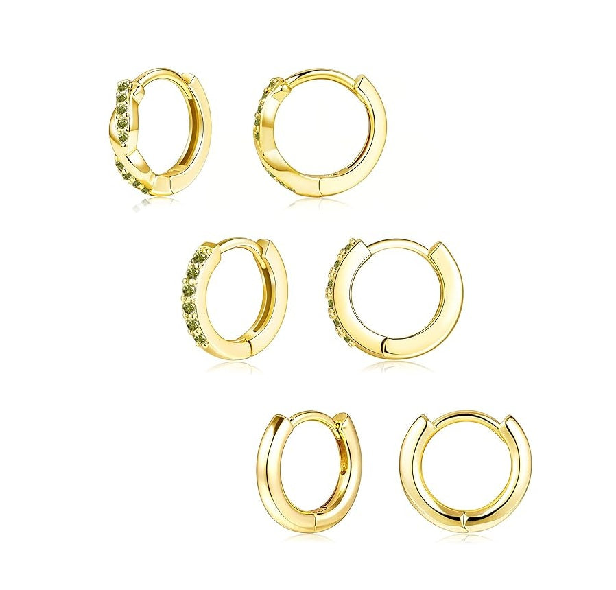 Gold Huggie Hoop Earrings Set for Women, Dainty Small Sterling Silver Earring for Multiple Piercing Hypoallergenic Jewelry, Trendy Twisted CZ Cartilage Earings for Women's Mother Gifts 3Pairs