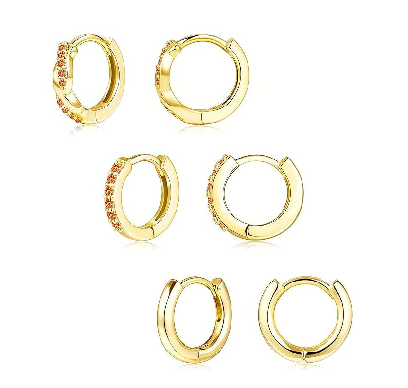 Gold Huggie Hoop Earrings Set for Women, Dainty Small Sterling Silver Earring for Multiple Piercing Hypoallergenic Jewelry, Trendy Twisted CZ Cartilage Earings for Women's Mother Gifts 3Pairs
