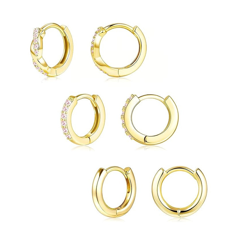 Gold Huggie Hoop Earrings Set for Women, Dainty Small Sterling Silver Earring for Multiple Piercing Hypoallergenic Jewelry, Trendy Twisted CZ Cartilage Earings for Women's Mother Gifts 3Pairs