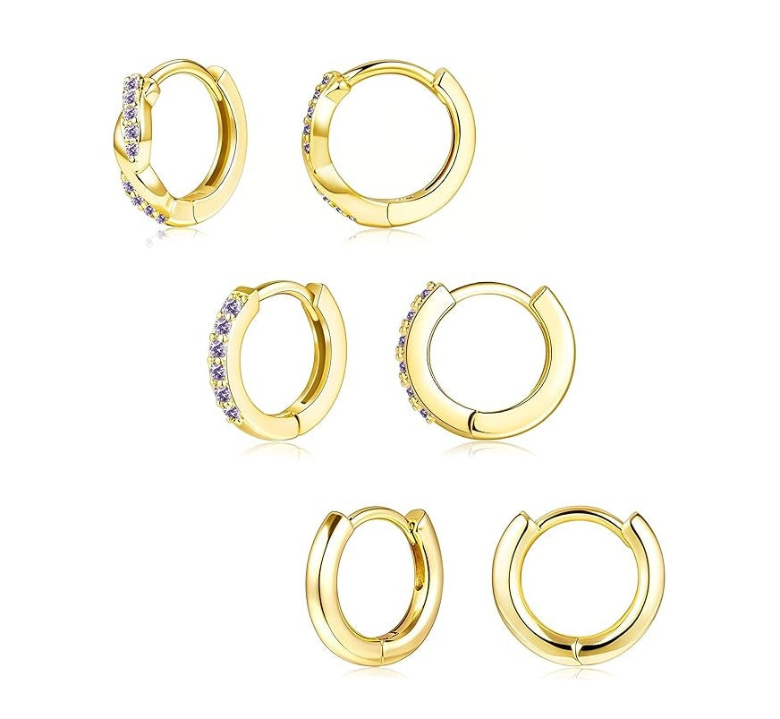 Gold Huggie Hoop Earrings Set for Women, Dainty Small Sterling Silver Earring for Multiple Piercing Hypoallergenic Jewelry, Trendy Twisted CZ Cartilage Earings for Women's Mother Gifts 3Pairs