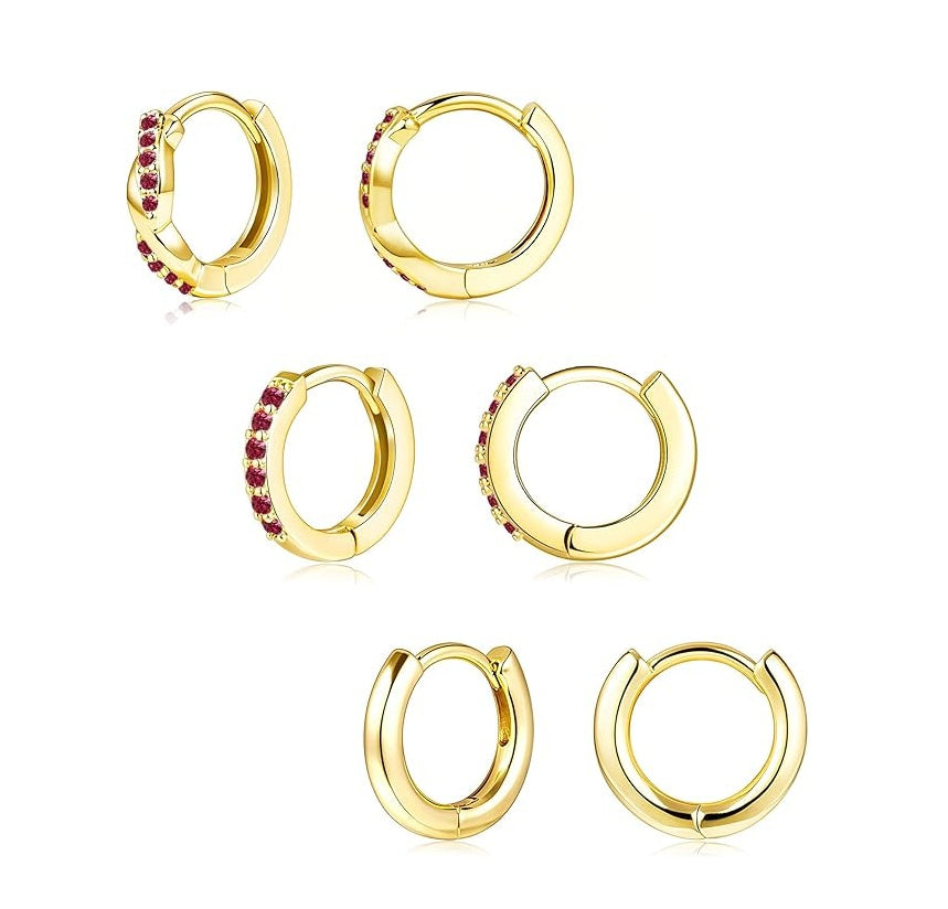 Gold Huggie Hoop Earrings Set for Women, Dainty Small Sterling Silver Earring for Multiple Piercing Hypoallergenic Jewelry, Trendy Twisted CZ Cartilage Earings for Women's Mother Gifts 3Pairs
