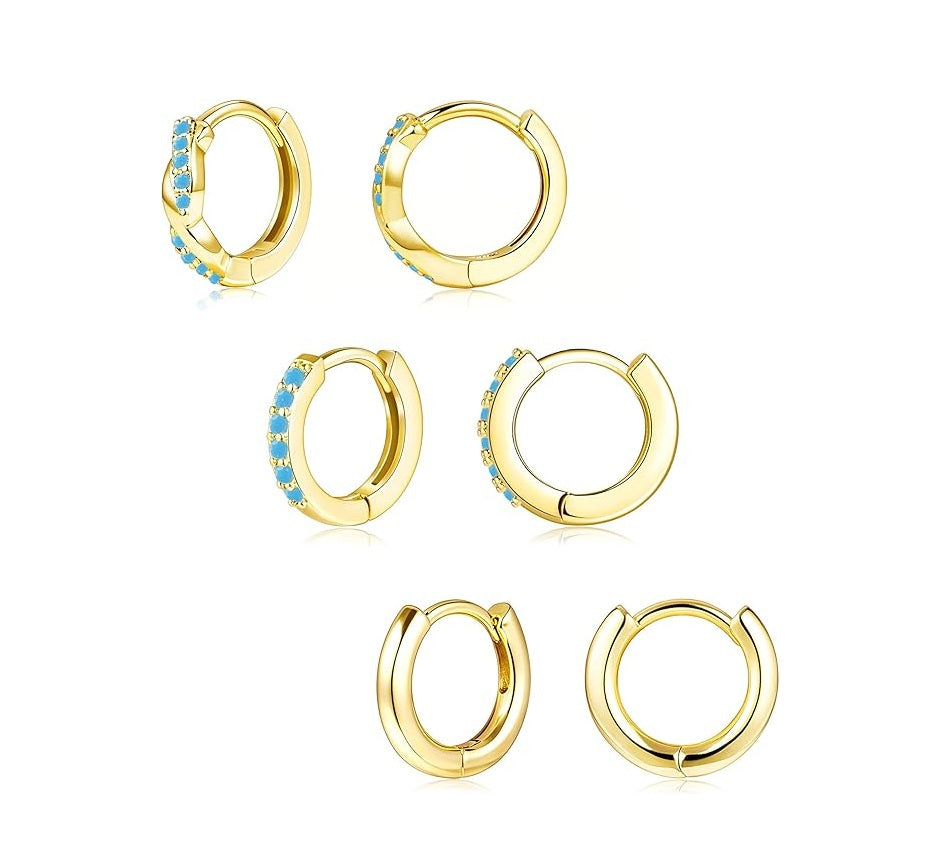 Gold Huggie Hoop Earrings Set for Women, Dainty Small Sterling Silver Earring for Multiple Piercing Hypoallergenic Jewelry, Trendy Twisted CZ Cartilage Earings for Women's Mother Gifts 3Pairs