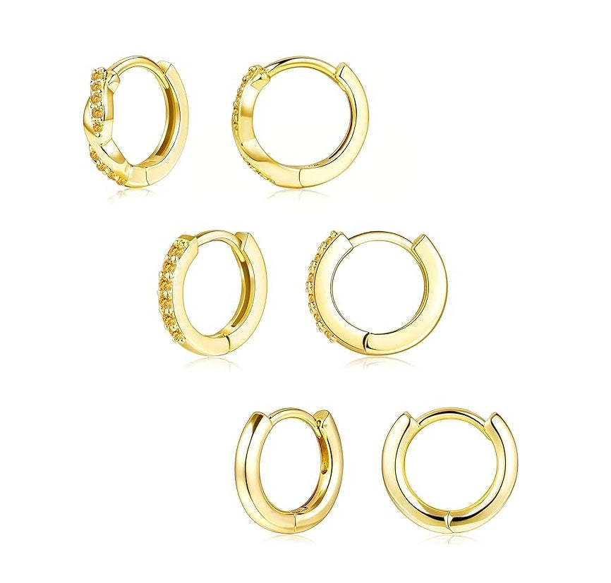 Gold Huggie Hoop Earrings Set for Women, Dainty Small Sterling Silver Earring for Multiple Piercing Hypoallergenic Jewelry, Trendy Twisted CZ Cartilage Earings for Women's Mother Gifts 3Pairs