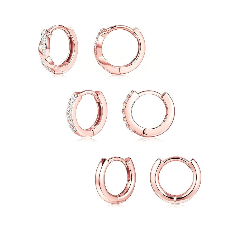 Gold Huggie Hoop Earrings Set for Women, Dainty Small Sterling Silver Earring for Multiple Piercing Hypoallergenic Jewelry, Trendy Twisted CZ Cartilage Earings for Women's Mother Gifts 3Pairs