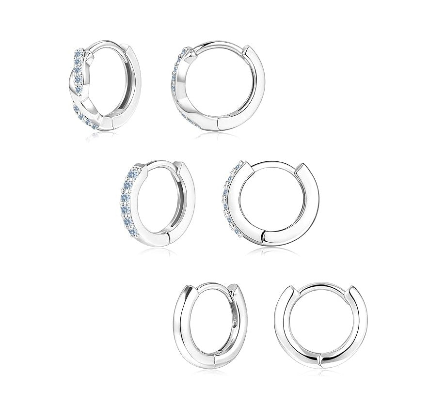 Gold Huggie Hoop Earrings Set for Women, Dainty Small Sterling Silver Earring for Multiple Piercing Hypoallergenic Jewelry, Trendy Twisted CZ Cartilage Earings for Women's Mother Gifts 3Pairs