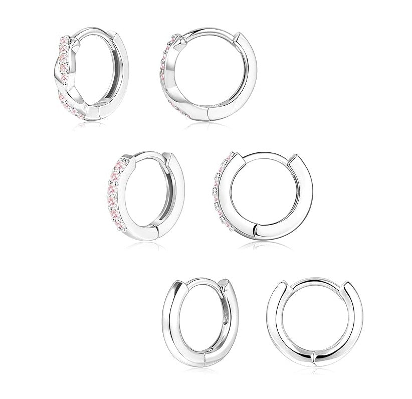 Gold Huggie Hoop Earrings Set for Women, Dainty Small Sterling Silver Earring for Multiple Piercing Hypoallergenic Jewelry, Trendy Twisted CZ Cartilage Earings for Women's Mother Gifts 3Pairs