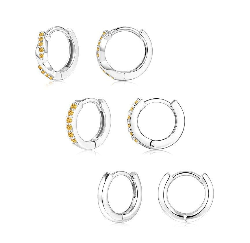 Gold Huggie Hoop Earrings Set for Women, Dainty Small Sterling Silver Earring for Multiple Piercing Hypoallergenic Jewelry, Trendy Twisted CZ Cartilage Earings for Women's Mother Gifts 3Pairs