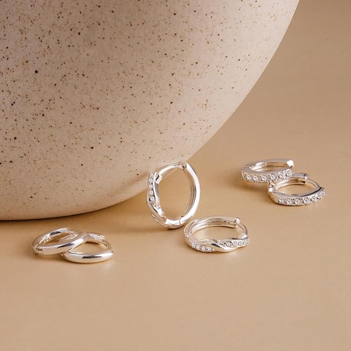 Gold Huggie Hoop Earrings Set for Women, Dainty Small Sterling Silver Earring for Multiple Piercing Hypoallergenic Jewelry, Trendy Twisted CZ Cartilage Earings for Women's Mother Gifts 3Pairs