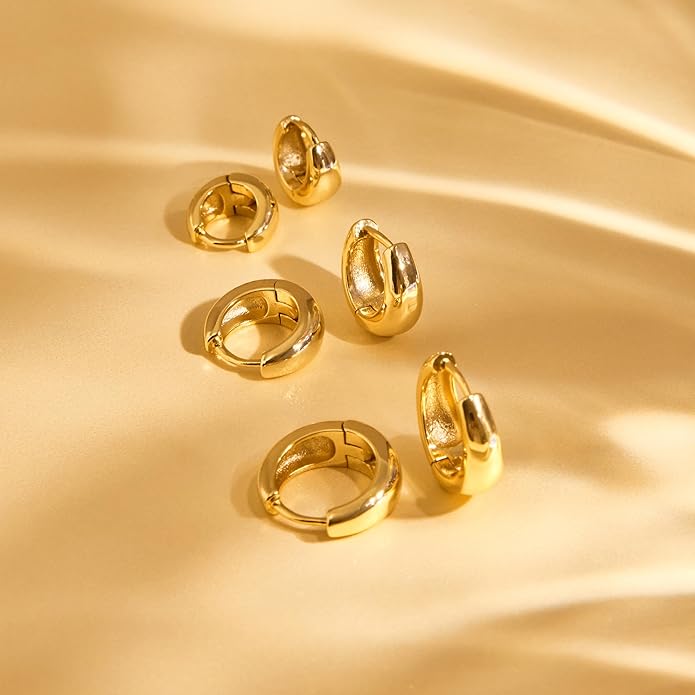 Gold Huggie Hoop Earrings Set for Women, Dainty Small Sterling Silver Earring for Multiple Piercing Hypoallergenic Jewelry, Trendy Twisted CZ Cartilage Earings for Women's Mother Gifts 3Pairs