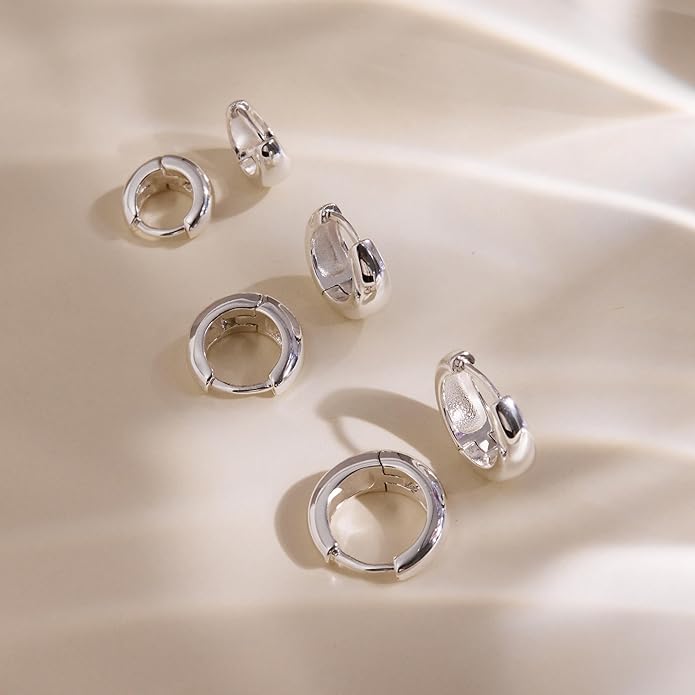 Gold Huggie Hoop Earrings Set for Women, Dainty Small Sterling Silver Earring for Multiple Piercing Hypoallergenic Jewelry, Trendy Twisted CZ Cartilage Earings for Women's Mother Gifts 3Pairs