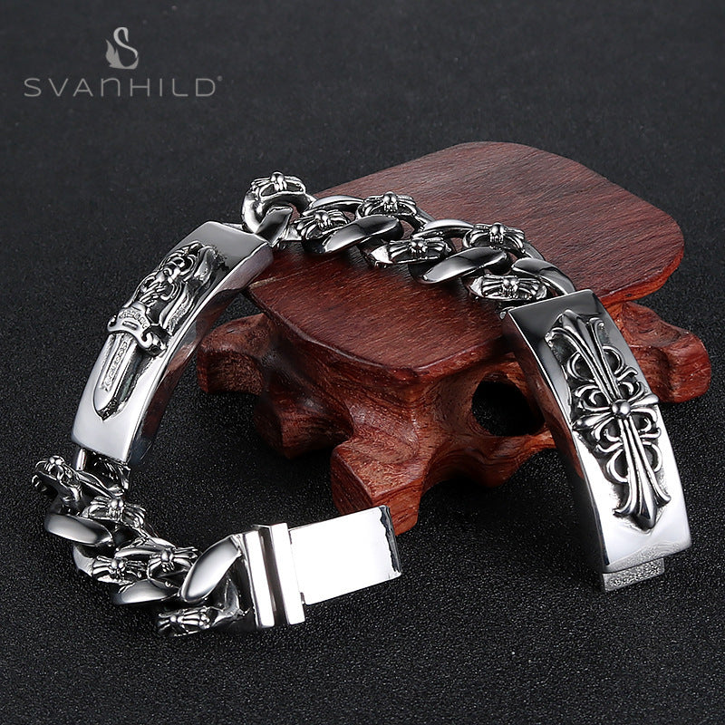 亚马逊wish热款钛钢手链 男士复古不锈钢手链 潮十字架克罗伈饰品