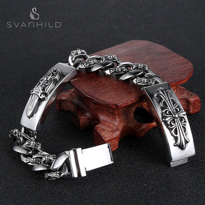 亚马逊wish热款钛钢手链 男士复古不锈钢手链 潮十字架克罗伈饰品