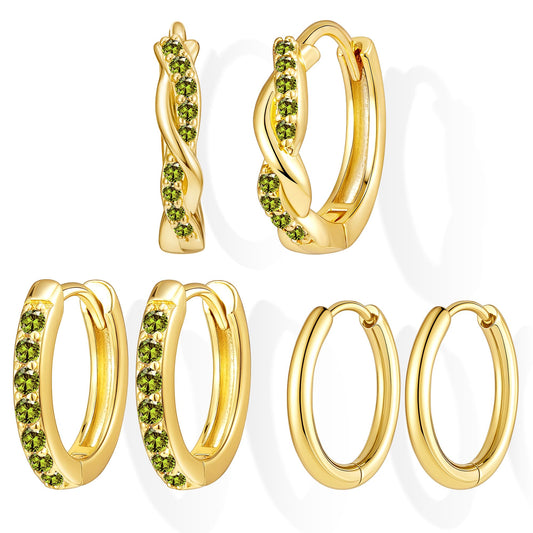 14K Gold Plated Huggie Hoop Earrings for Women, Small Sterling Silver Earring Set Hypoallergenic Cartilage Helix Stacks, Mini Dainty Cute Trendy Birthstone Jewelry Gift for Multiple Piercings