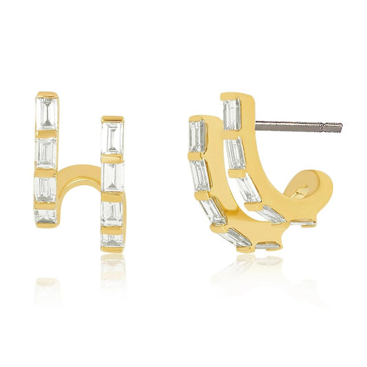 14K Gold Plated Illusion Stud Earrings for Women | Triple Huggie Hoop Earrings for One Hole| Trendy Simple Hypoallergenic Fashion Accessories Gold Jewelry Gifts for Womens