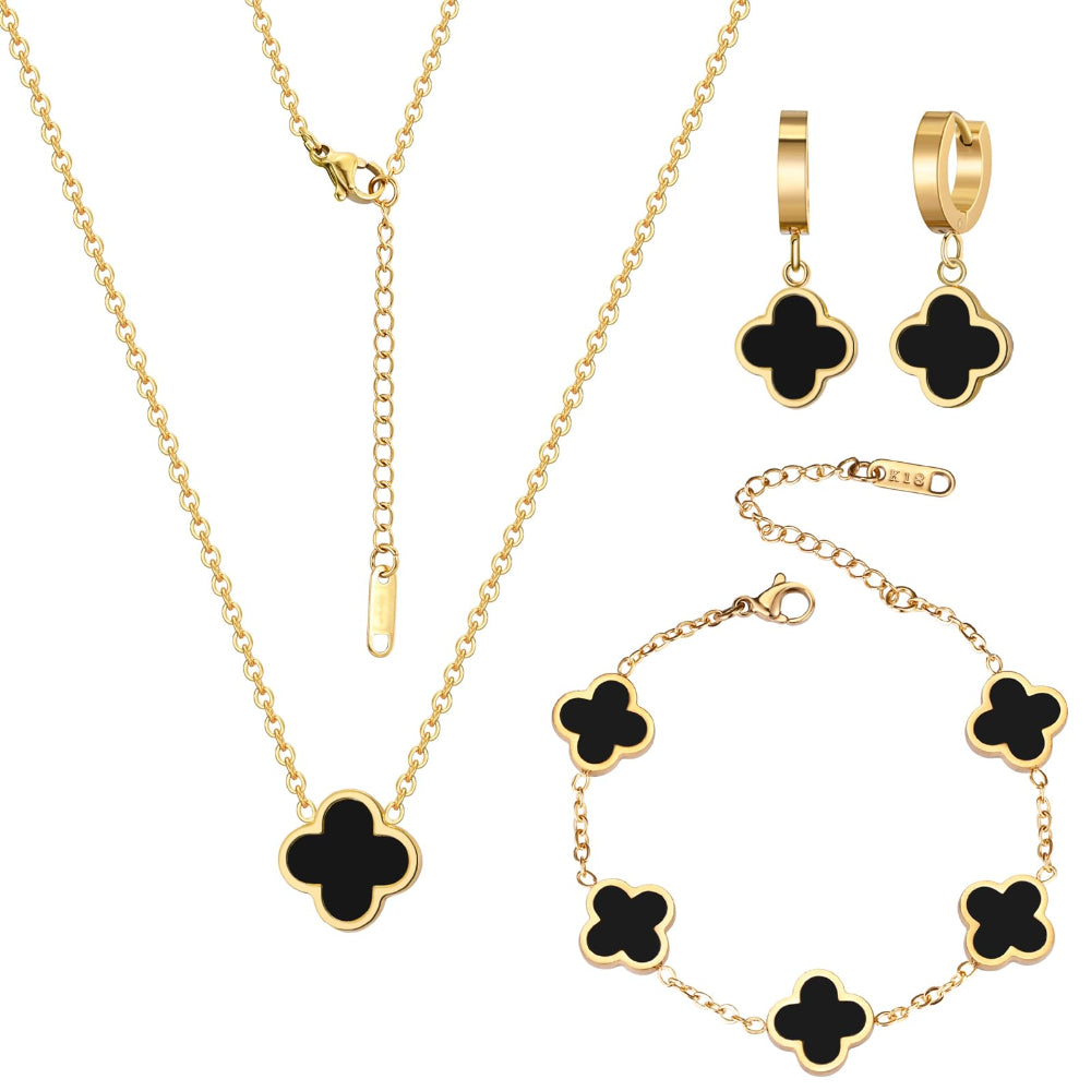 Gold-Tone Black Clover Leaf Jewelry Set