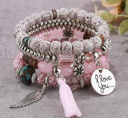 Boho Multi-Layer Stackable Beaded Stretch Bracelet, Bohemian Wrap Bracelet with Tassel & "I Love You" Charm