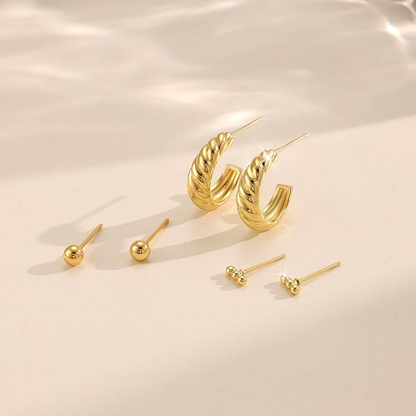 3 Pairs Gold Hoop Earrings Set: Dainty Stud Earrings Trendy Small 14K Gold Plated Hypoallergenic Dangle Cartilage Huggie Hoop Earrings for Women Gold Jewelry for Women Gifts