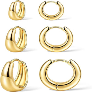 3-Pair Gold Chunky Hoop Earrings Set