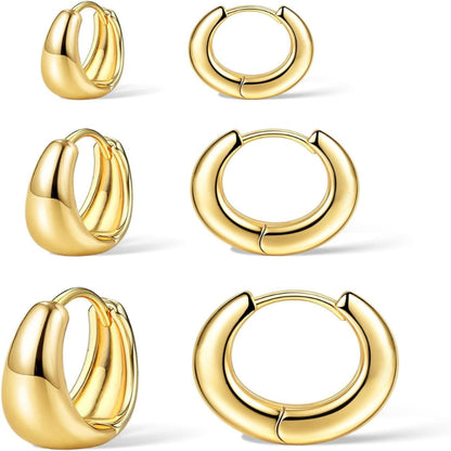 3-Pair Gold Chunky Hoop Earrings Set