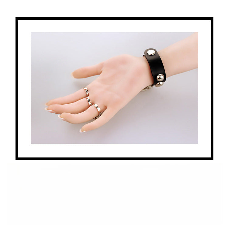 欧美复古哥特朋克风手链狼头骷髅头手饰皮革带戒指一体混批发S212