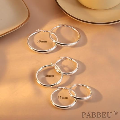 PABBEU S925 Sterling Silver Hoop Earrings Large Silver Hoop Earrings for Women Hypoallergenic Lightweight Big Thick Silver Hoop Earrings for Women Girls 35/40/50/60/70mm