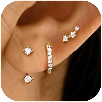 FIASASO 3 Pairs 925 Sterling Silver Hypoallergenic Earrings Set for Multiple Piercing Dainty 14K Gold Plated Stud Huggie Small Hoop Earrings for Women Trendy Cute Earring Stacks for Sensitive Ears