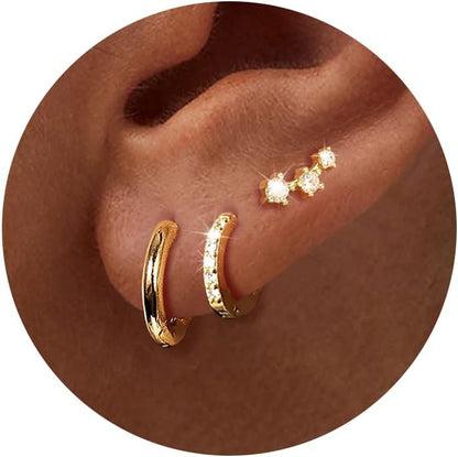 3 Pairs Gold Hoop Earrings Set: Dainty Stud Earrings Trendy Small 14K Gold Plated Hypoallergenic Dangle Cartilage Huggie Hoop Earrings for Women Gold Jewelry for Women Girls Gifts
