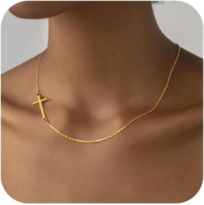 MONOZO Cross Necklace for Women，14K Gold Plated Cross Necklace Layered Gold Cross Necklace Tiny Sideway Cross Choker Necklace Gold Cross Necklaces for Women Trendy Gold Jewelry Gifts for Women Trendy