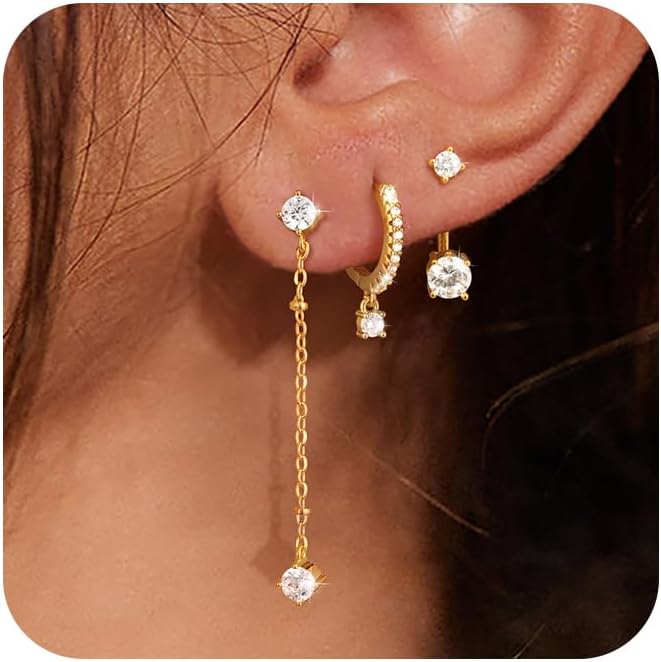 3 Pairs Gold Hoop Earrings Set: Dainty Stud Earrings Trendy Small 14K Gold Plated Hypoallergenic Dangle Cartilage Huggie Hoop Earrings for Women Gold Jewelry for Women Girls Gifts