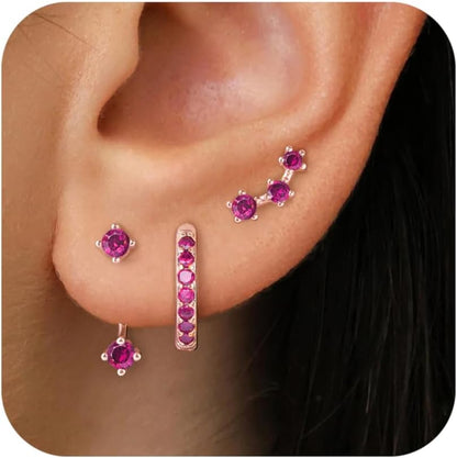 Gold Stud Earrings Set for Women, 3 Pairs Huggie Hoop Jacket Studs Earring Stack for Multiple Piercing, Hypoallergenic 925 Sterling Silver Post Dainty Birthstone Trendy Valentine Jewelry Gifts