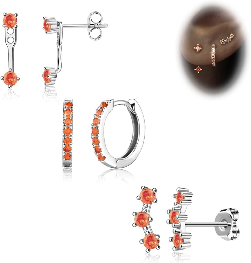 Gold Stud Earrings Set for Women, 3 Pairs Huggie Hoop Jacket Studs Earring Stack for Multiple Piercing, Hypoallergenic 925 Sterling Silver Post Dainty Birthstone Trendy Valentine Jewelry Gifts