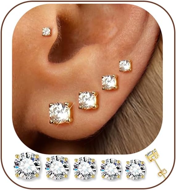 5-Pair Gold-Tone CZ Stud Earrings Set