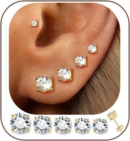 5-Pair Gold-Tone CZ Stud Earrings Set