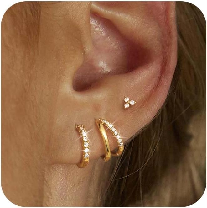 Gold Hoop Earrings for Women, 14K Gold Plated Hypoallergenic Cubic Zirconia Earrings Trendy Small Dainty Gold Hoops Earrings Set Jewelry Multiple Piercing Gifts for Women