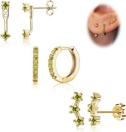 Gold Stud Earrings Set for Women, 3 Pairs Huggie Hoop Jacket Studs Earring Stack for Multiple Piercing, Hypoallergenic 925 Sterling Silver Post Dainty Birthstone Trendy Valentine Jewelry Gifts