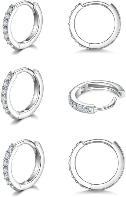 925 Sterling Silver Small Hoop Earrings Cubic Zirconia Huggie Hoop Earrings, 3 Pairs 14K White Gold Plated Cartilage Piercing Earrings Ear Cuff Tiny Hoop Earrings for Women Men
