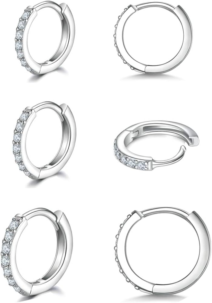 925 Sterling Silver Small Hoop Earrings Cubic Zirconia Huggie Hoop Earrings, 3 Pairs 14K White Gold Plated Cartilage Piercing Earrings Ear Cuff Tiny Hoop Earrings for Women Men