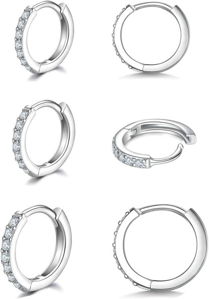 925 Sterling Silver Small Hoop Earrings Cubic Zirconia Huggie Hoop Earrings, 3 Pairs 14K White Gold Plated Cartilage Piercing Earrings Ear Cuff Tiny Hoop Earrings for Women Men