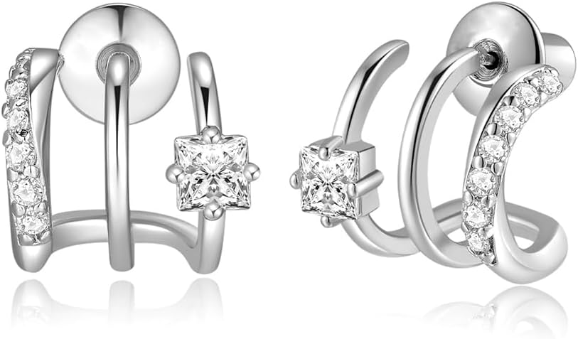 S925 14K Gold Plated Triple Huggie Illusion Stud Earrings | Double Huggie Hoop Earrings for One Hole | Gold Hoop Earrings for Women | Drop earrings