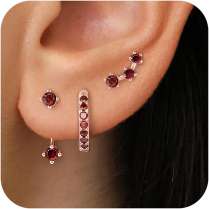 Gold Stud Earrings Set for Women, 3 Pairs Huggie Hoop Jacket Studs Earring Stack for Multiple Piercing, Hypoallergenic 925 Sterling Silver Post Dainty Birthstone Trendy Valentine Jewelry Gifts