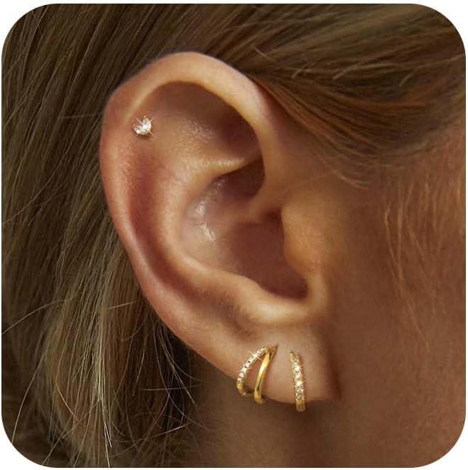 Gold Hoop Earrings for Women, 14K Gold Plated Hypoallergenic Cubic Zirconia Earrings Trendy Small Dainty Gold Hoops Earrings Set Jewelry Multiple Piercing Gifts for Women
